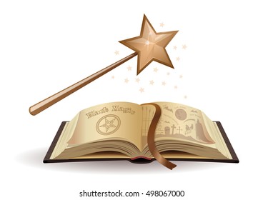 Magic wand and a textbook on black magic. Open book. Fairy tales. Scary Tales for Children. Vector illustration