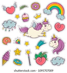 Magic wand, unicorn, rainbow, sweets, ice cream. Set of stickers patches badges pins prints for kids. Cartoon style.