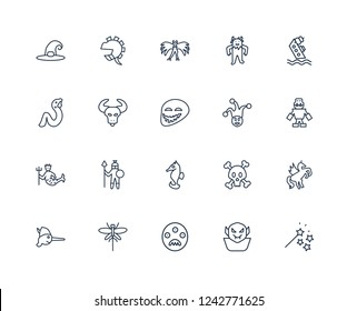 Magic wand, Vampire, Monster, Dragonfly, Pinocchio, Shipwreck, Joker, Seahorses, Merman, Minotaur, Harpy outline vector icons from 20 set