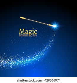 Magic wand vector background. Miracle magician wand magical stick with sparkle magic lights. Xmas winter mystery miracle