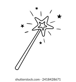 Magic wand vector icon in doodle style. Symbol in simple design. Cartoon object hand drawn isolated on white background.