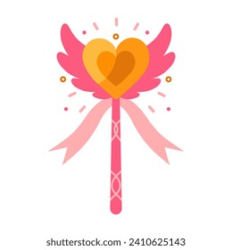 Magic wand vector icon. Pink stick with ornament, gold heart with wings and ribbon. A shining tool for a wizard, fairy, princess. A colorful toy for tricks, love wishes. Flat cartoon clipart for print