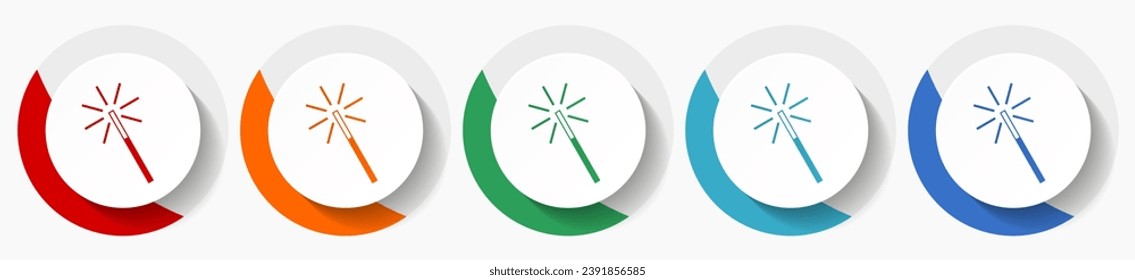 Magic wand vector icon set, flat design colorful round icons in 5 color options for webdesign and mobile applications