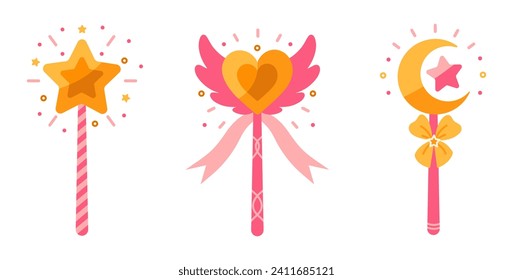 Magic wand vector icon set. Pink sticks with shining crescent moon, gold star, heart and wings. Sparking tools for a wizard, fairy, kid princess. Colorful toys for tricks, wishes. Flat cartoon clipart