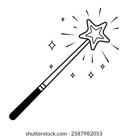 Magic wand vector icon. Star-shaped wand with sparkles in doodle style. Black outline isolated on white background.