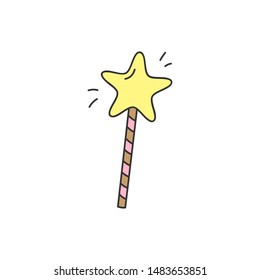 Magic wand vector illustration. Princess, magic fairy godmother star wand. Hand drawn isolated, outlined icon, sticker.
