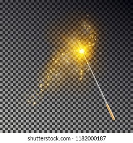 Magic wand vector. Transparent miracle stick with glow yellow light tail isolated on dark background. Wizards magic wand, star dust effect. Magician fairy stick lights. Vector illustration.