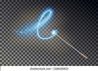 Magic wand vector. Transparent miracle stick with glow blue light tail isolated on dark background. Wizards magic wand effect. Magician fairy stick lights. Vector illustration.