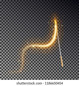Magic wand vector. Transparent miracle stick with glow yellow light tail isolated on dark background. Wizards magic wand effect. Magician fairy stick lights. Vector illustration.