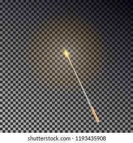 Magic wand vector. Transparent miracle stick with glow yellow light isolated on dark background. Wizards magic wand effect. Magician fairy stick lights. Vector illustration