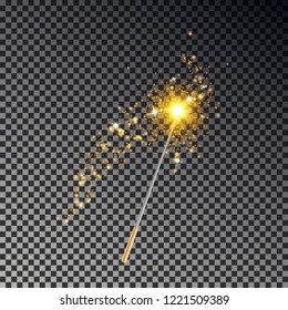 Magic wand vector. Transparent miracle stick with glow yellow light tail isolated on dark background. Wizards magic wand, star dust effect. Magician fairy stick. Vector illustration.