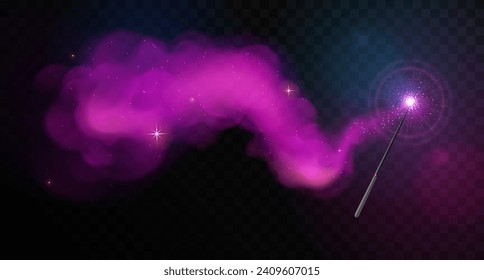 Magic wand with violet glowing shiny trail isolated on black transparent background. Vector illustration