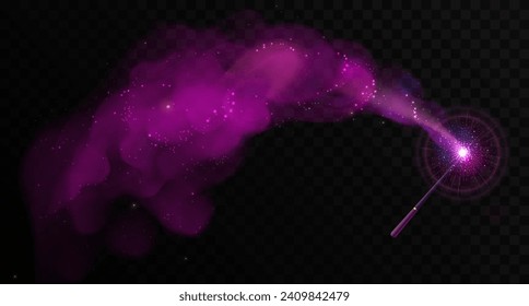 Magic wand with violet glowing shiny trail isolated on black transparent background. Vector illustration