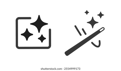 Magic wand wave icon, ai generation sign, filter enhance ui interface tool element simple graphic line stroke pictogram illustration set, improve refine wizard logo silhouette image clip art