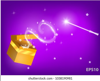 Magic wand with waves from the gift box. Vector illustration.