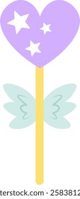 Magic wand with whimsical wings and a vibrant purple heart sprinkled with white stars, embodying Valentine s Day love and enchanting fairy tale charm