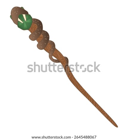 Magic wand. Witch stick. Staff with snake design and magic crystal. Vector hand drawn illustration
