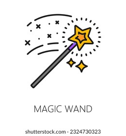 Magic wand witchcraft and magic icon representing enchantment and wizardry, featuring star-topped rod with shimmering trail. Isolated vector linear fantasy magical sign symbolizing supernatural power