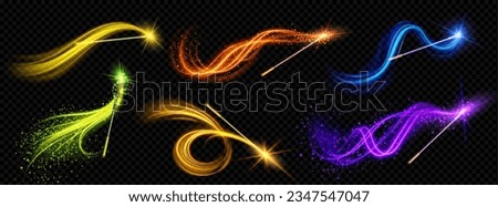 Magic wand with wizard spell sparkle light vector. Magician fairy glitter trail effect with wooden stick on black background. Fantasy spiral vortex shine isolated. Fairytale abracadabra wish neon line