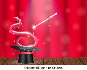Magic wand and wizard's hat on a stage. Vector illustration.