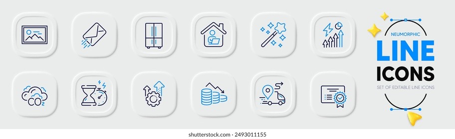 Magic Zauberstab, Work Home und Certificate Line Icons für Web App. Packung CO2, Kühlschrank, Foto-Piktogramm-Symbole. Seo-Ausrüstung, Geldverlust, Sanduhr Timer Zeichen. Lieferung. Neumorphe Buttone. Vektorgrafik