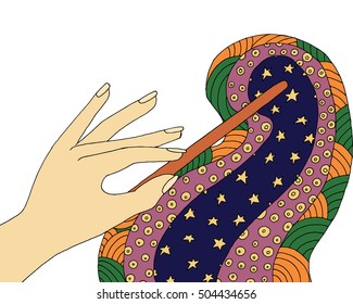 Magic wand zentangle. Fantasy zendoodle. Vector wizard zen tangle and doodle. Fairy coloring book. Star and night