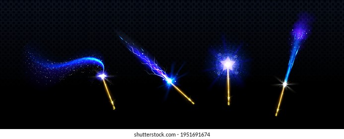Magic wands with blue star and glowing sparkle trails, gold colored rods with shiny fairy dust and neon light effect trace, isolated objects on black background, Realistic 3d vector illustration, set