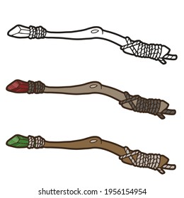 Magic wands decorated with crystals. Emerald and ruby. Black outline. Magic items. 
