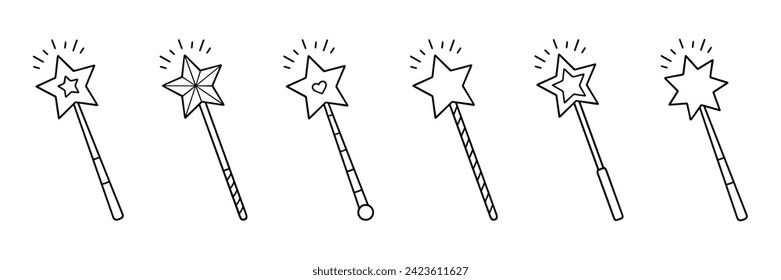 Magic wands doodle set. Fairytale element
in sketch style. Hand drawn vector illustration isolated on white background