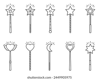 Magic wands doodle set. Fairytale element in sketch style. Hand drawn vector illustration isolated on white background