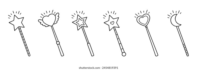 Magic wands doodle set. Fairytale element in sketch style. Hand drawn vector illustration isolated on white background