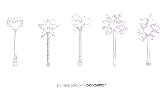 Magic wands doodle set. Fairytale element in sketch style. Hand drawn vector illustration isolated on white background