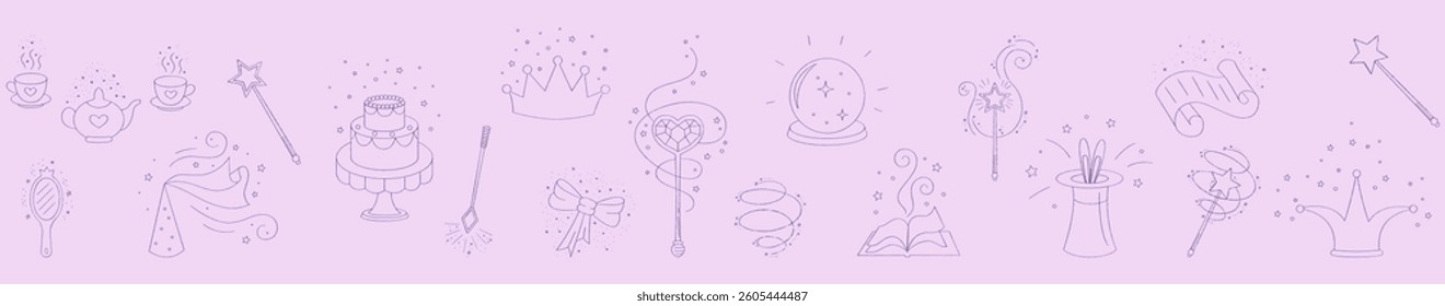 Magic wands and elements doodle border. Fairytale element in sketch style. Hand drawn vector illustration isolated on white background