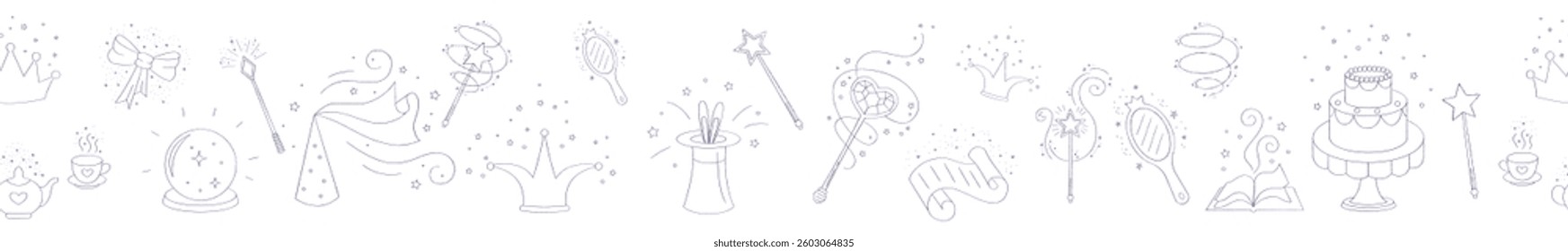 Magic wands and elements doodle seamless border. Fairytale element in sketch style. Hand drawn vector illustration isolated on white background