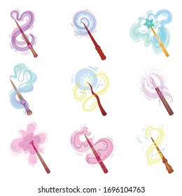 Magic Wands with Fairy Dust and Glow Swirling Around Vector Set