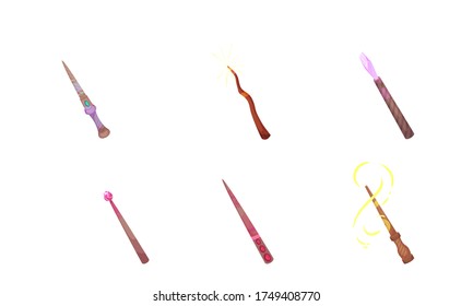 Magic Wands with Fairy Dust and Glow Swirling Around Vector Set