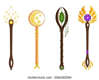 Magic Wands with Fairy Dust and Glow Swirling Around Vector Set. Various wizards of magic wand vector illustration flat design