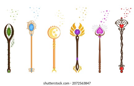 Magic Wands with Fairy Dust and Glow Swirling Around Vector Set. Various wizards of magic wand vector illustration flat design