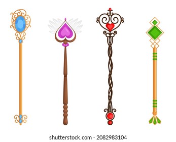 Magic Wands with Fairy Dust and Glow Swirling Around Vector Set. Various wizards of magic wand vector illustration flat design