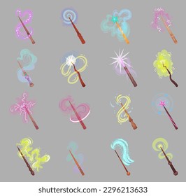 Magic Wands with Fairy Dust and Glow Swirling Around Big Vector Set