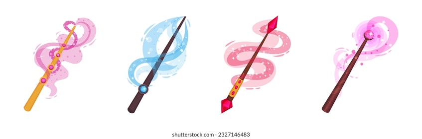 Magic Wands with Fairy Dust and Glow Swirling Around Vector Set