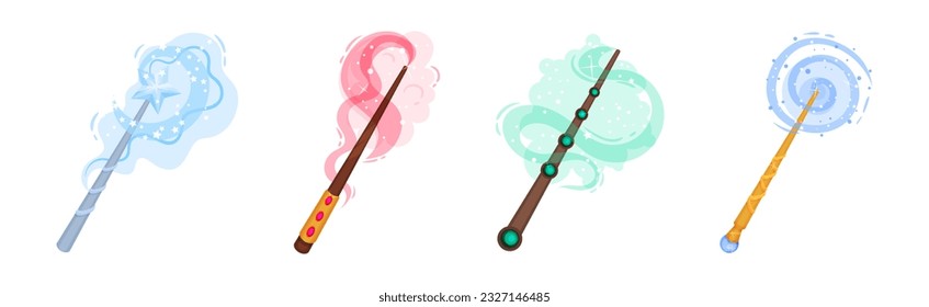 Magic Wands with Fairy Dust and Glow Swirling Around Vector Set