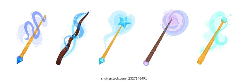 Magic Wands with Fairy Dust and Glow Swirling Around Vector Set