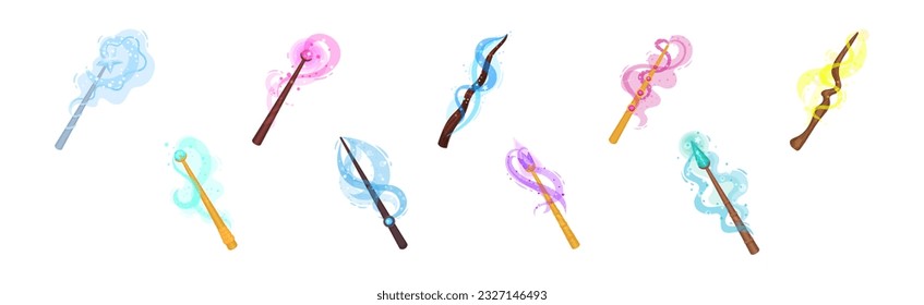 Magic Wands with Fairy Dust and Glow Swirling Around Vector Set