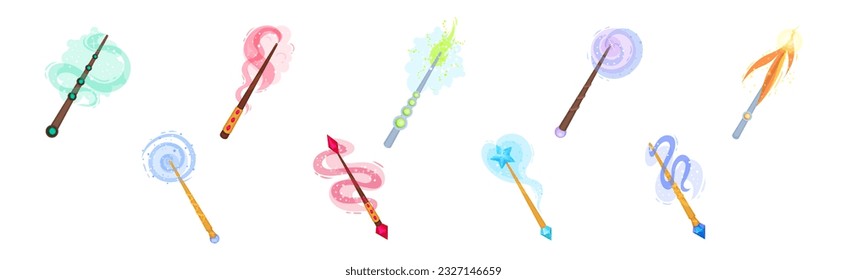 Magic Wands with Fairy Dust and Glow Swirling Around Vector Set