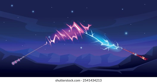 Magic wands fight at night. Vibrant lightnings, magical spells of wizards. Fairy tale scene on fantasy planet with stone mountains, vector landscape