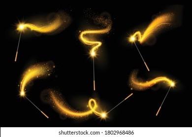 Magic wands with gold glare and sparkle realistic set on black background abstract vector illustration