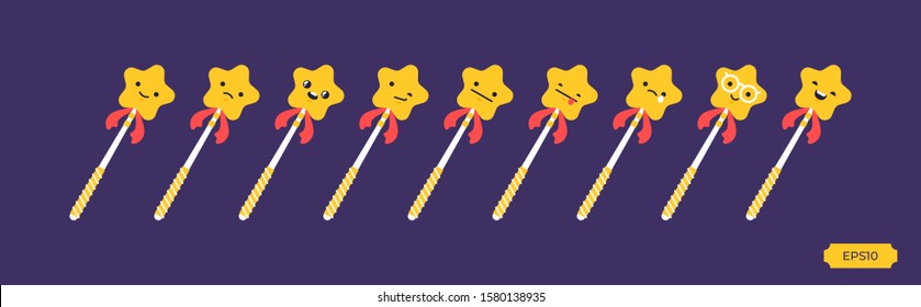 Magic wands with golden stars with different emotions.