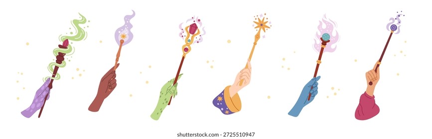 Varinhas mágicas nas mãos. Braços de bruxas, feiticeiros e bruxas segurar varas de madeira, efeitos diferentes, fumaça com partículas, ferramenta de fantasia com cristais coloridos vetor de garish desenho animado plano conjunto isolado