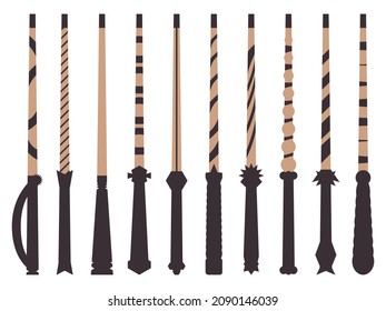 Magic wands icon set isolated on white background. Different types of magic wands. Tool of the wizard and sorcerer. Magic items. Vector illustration